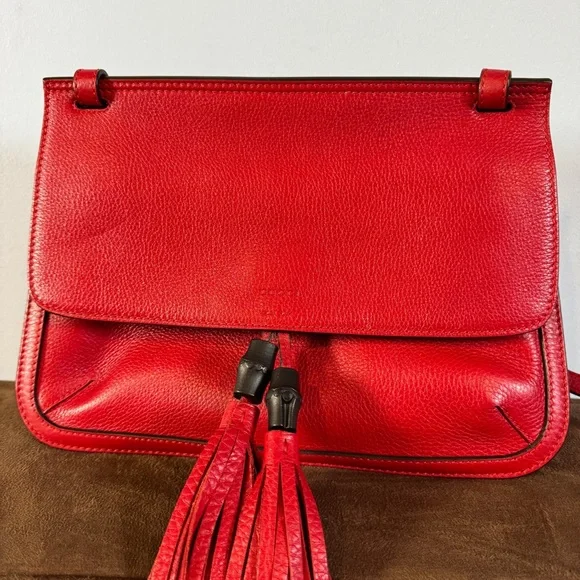 Gucci Women's Bamboo Daily Red Leather Flap Shoulder Bag - Picture 4 of 16